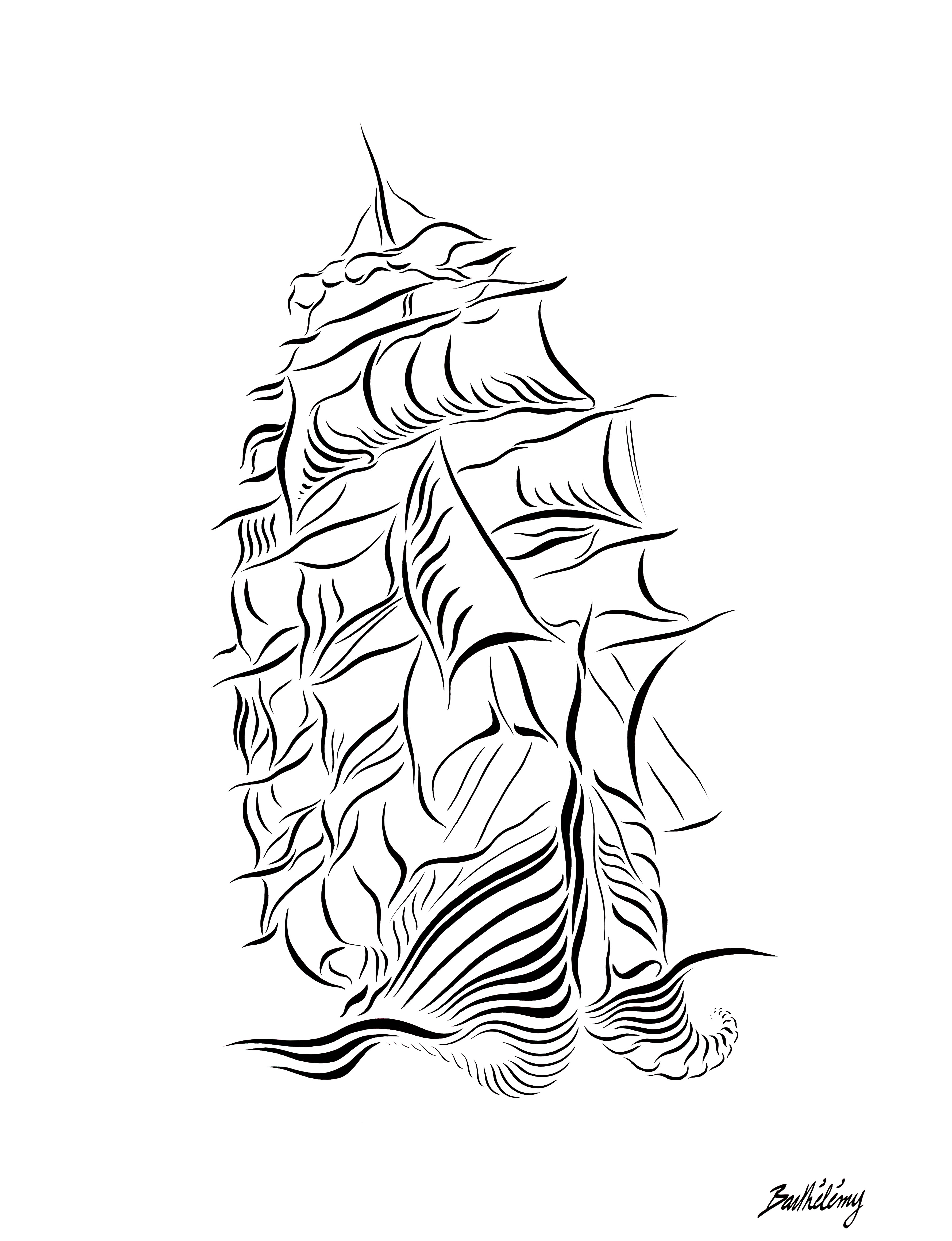 Barthélémy - Grand voilier - Encre sur papier - 50x65cm-8